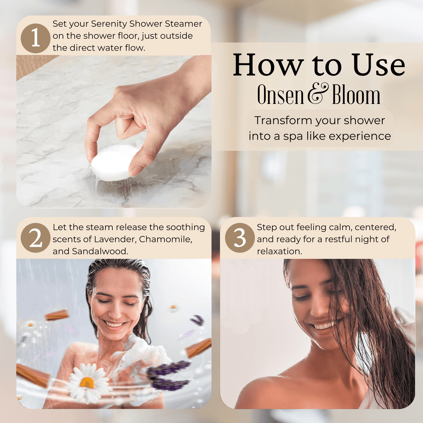 How to use Serenity aromatherapy shower steamers from Onsen & Bloom